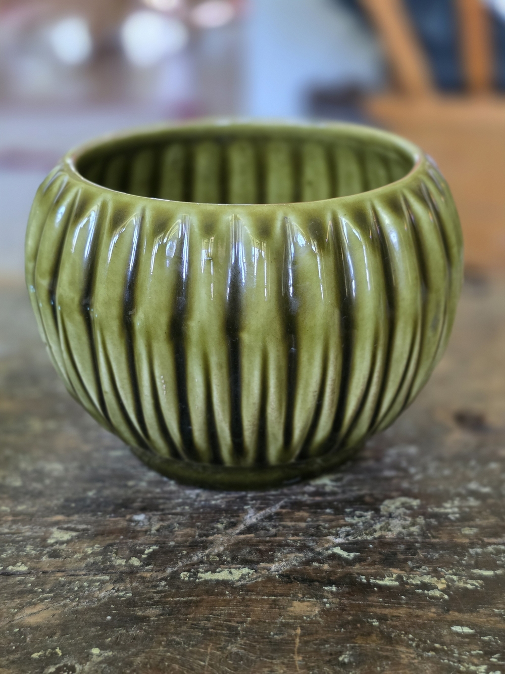 Olive Green Ribbed Ceramic Decorative Planter